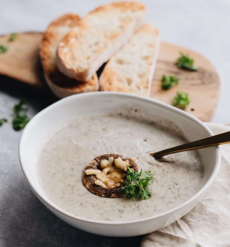 Bowl of creamy mushroom soup garnished with sautéed mushroom slices, a swirl of cream, and fresh thyme on a dark surface
