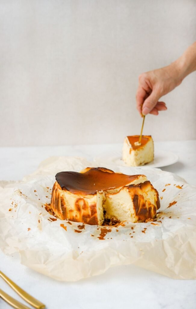 Basque cheesecake with a deeply caramelized burnt top