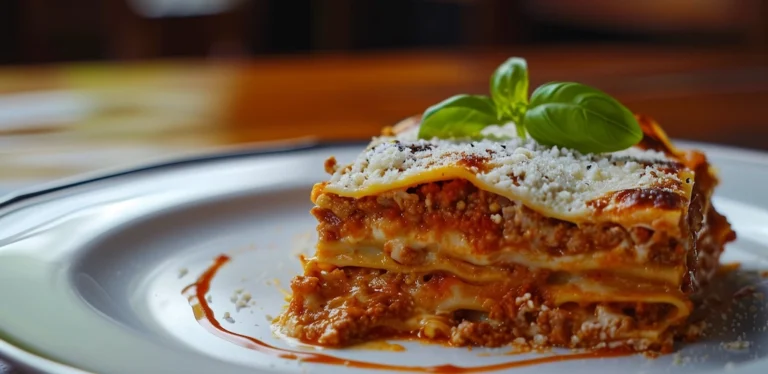 Classic lasagna slice showing layered pasta, meat sauce and melted cheese