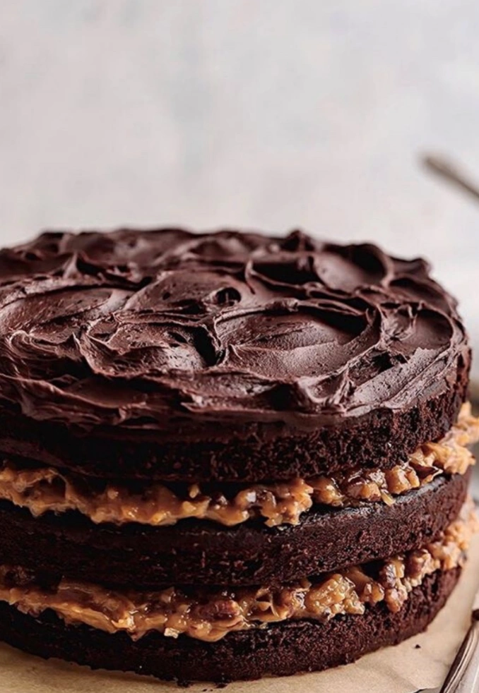German chocolate cake with coconut pecan filling
