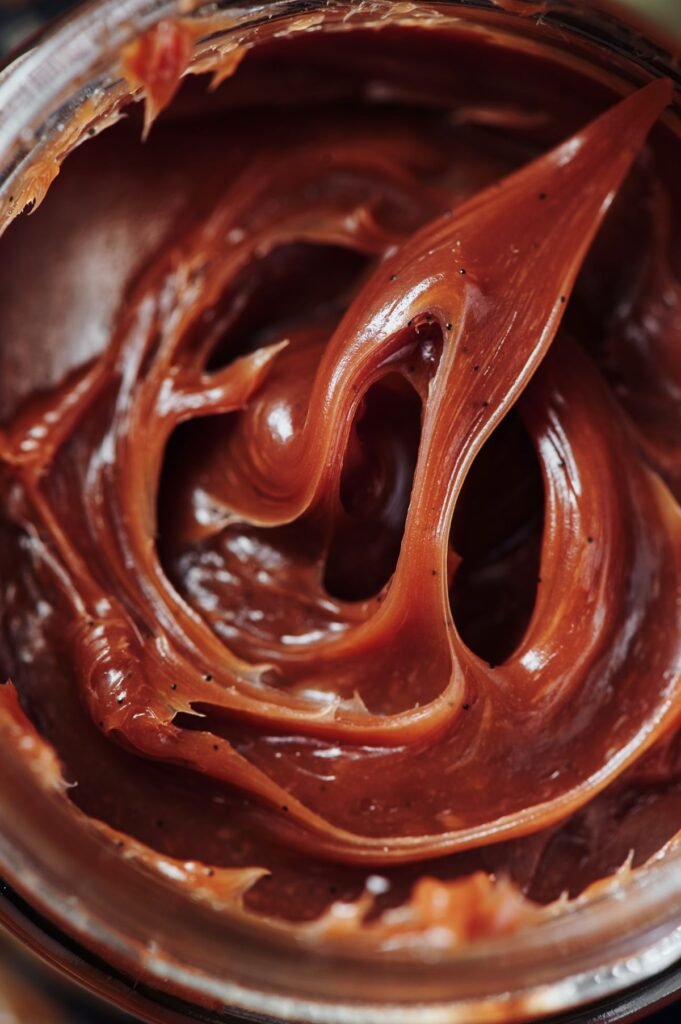 Jar of glossy salted caramel swirled with a spoon