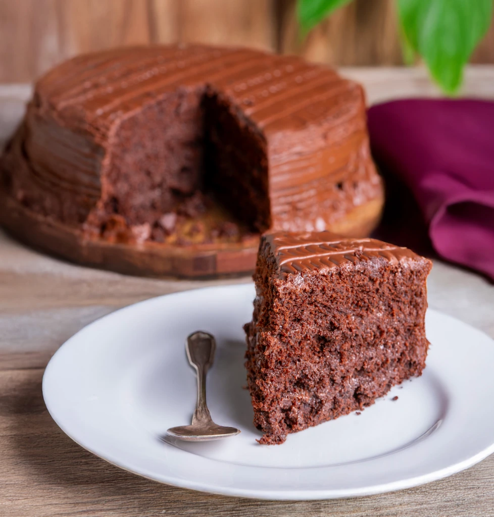 Hershey's chocolate cake with chocolate frosting and moist dark crumb