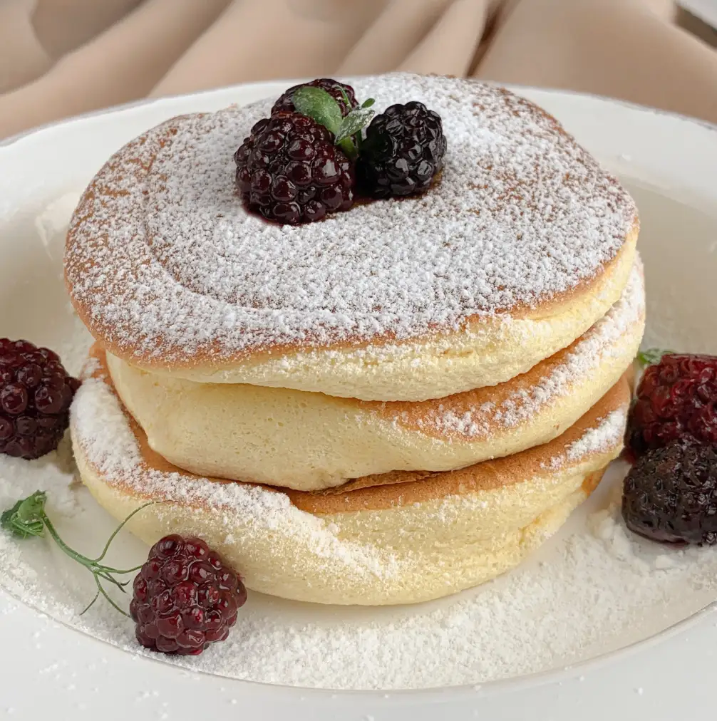 Fluffy Japanese souffle pancakes dusted with powdered sugar and topped with fresh blackberries