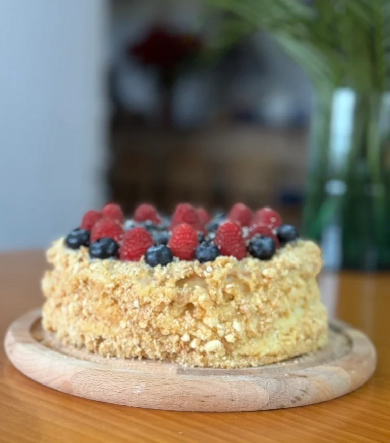 Classic Napoleon cake showing thin flaky pastry layers with custard cream