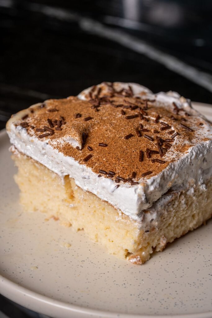 Moist, soaked slice of tres leches cake with whipped cream and cinnamon